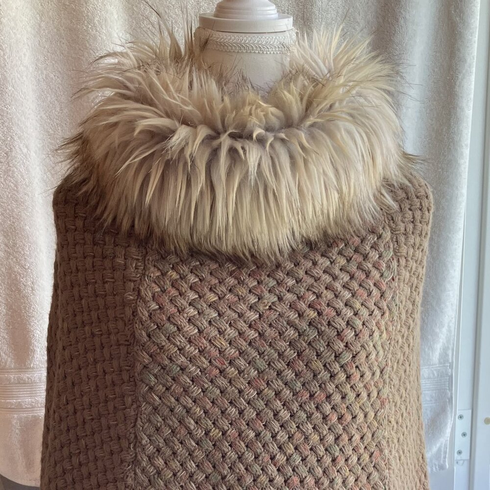Steve Madden Knit Poncho w/ Faux Fur Collar